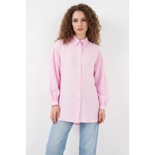Efnaz Style Kadın Gömlek Yaka Dokulu Oversize Viskon Pembe Tunik