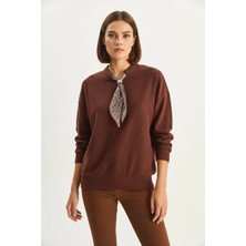 Efnaz Style Kadın Fular Detaylı Pamuklu Acı Kahve Sweatshirt