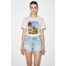 Efnaz Style Kadın Italy Temalı Baskılı Premium Tasarım Pamuklu T Shirt Toz Pembe