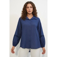Efnaz Style Kadın Fisto Detaylı Kol Oversize Lacivert Gömlek