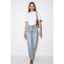 Efnaz Style Kadın Bisiklet Yaka Korsaj Dikiş Detaylı Crop Beyaz Bluz