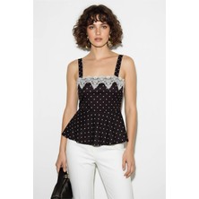 Efnaz Style Kadın Dantel Detaylı Askılı Puantiyeli Peplum Siyah Beyaz Bluz