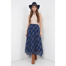 Efnaz Style Kadın Asimetrik Kesim Çizgili Desen Şifon Lacivert Etek