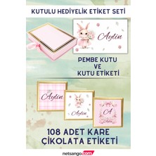 NetsanGO Çiçekli Tavşan Hediyelik Etiket Seti - Pembe Kutu, 108 Adet Çikolata Etiketi, 2 Adet Kutu Etiketi
