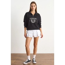 Efnaz Style Kadın Dik Yaka Işlemeli Şardonlu Oversize Siyah Sweatshirt