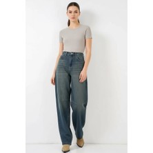 Efnaz Style Kadın Yüksek Bel Baggy Pamuklu Indigo Kot Pantolon