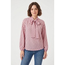 Efnaz Style Kadın Fular Yaka Puantiyeli Pembe Bluz