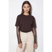 Efnaz Style Kadın Bisiklet Yaka Dantel Kollu Oversize Pamuklu T Shirt Acı Kahve
