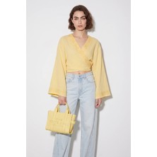 Efnaz Style Kadın Nakış Işlemeli Bağlama Detaylı Geniş Kollu Müslin Sarı Kimono Bluz