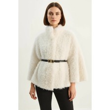 Efnaz Style Kadın Kemer Detaylı Yumuşak Dokulu Peluş Panço Beyaz