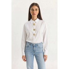 Efnaz Style Kadın Gold Düğme Aksesuarlı Beyaz Gömlek