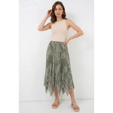 Efnaz Style Kadın Asimetrik Pileli Çiçek Desenli Şifon Çağla Yeşili Etek