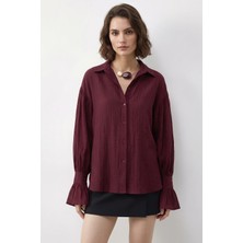 Efnaz Style Kadın Fırfır Manşet Detaylı Oversize Bordo Gömlek