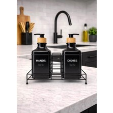 Zürih Collection 2'li Modern Cam Sabunluk Seti Siyah Metal Standlı Siyah Kapaklı Deterjanlık Seti Sıvı Cam Sabunluk