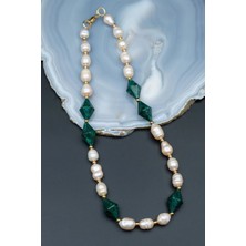 Serenite Collection Phtalo Green Fosil Taşı ve Inci Kolye