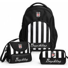 Beşiktaş Lisanslı Siyah Beyaz Çizgili 3'lü Okul Çantası Seti - Okul Çantası, Beslenme Çantası ve Kalem Çantası