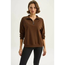 Efnaz Style Kadın Dik Yaka Yarım Fermuarlı Cep Detaylı Oversize Modal Acı Kahve Sweatshirt