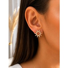 Moda Güneş Detaylı Gold Zirkon Taşlı Küpe