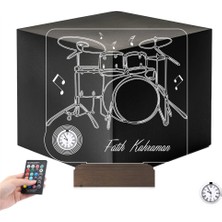 Luvivia Baterist Hediye Bateri Müzik Nota Kişiye Özel Metal Saatli 3D Lamba - Masa Gece Lambası