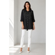 Bihan Store Göğüs Nakış Detaylı Katlanabilir Kollu Siyah Tunik Gömlek Y26-2506-SIYAH