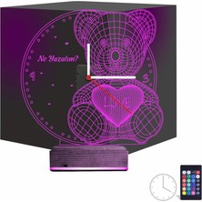 Luvivia Ayıcık Kalp Tasarım Kişiye Özel Saatli 3D Lamba - Masa Gece Lambası