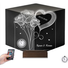 Luvivia Gül Kalp Sevgiliye Hediye Kişiye Özel Metal Saatli 3D Lamba - Masa Gece Lambası