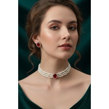 BB Bridal Boutique Oval Taşlı Choker Kolye Küpe Takım Tasma Kolye Cam Incili Gold Kaplama Renkli Choker Kolye