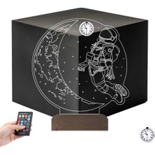 Luvivia Astronot Kozmonot Uzay Tasarım Kişiye Özel Metal Saatli 3D Lamba - Masa Gece Lambası