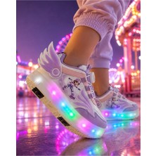 Rimex Kız Çocuk 4 Tekerlekli LED Işıklı Patenli Ayakkabı | Boa Döner Bağcık | Kanatlı Roller Sneaker | Max Ağırlık 60 Kg/ Kanatlı