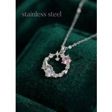 Stainless Steel 316L Çelik Zincir Gümüş Renk Pembe Taş Detaylı Çelenk Model Kolye