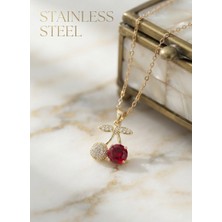 Stainless Steel 316L Çelik Zincir Gold Renk Kiraz Model Zirkon Taşlı Kolye