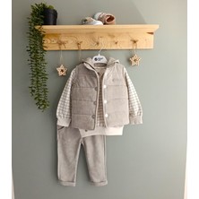 Hippıl Baby Düz Renk Süet Yelek Pantolon Çizgili Kapüşonlu Sweatshirt 3 Lü Erkek Çocuk Takım