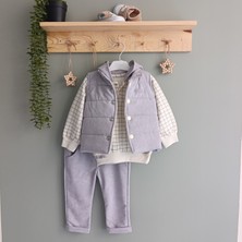 Hippıl Baby Düz Renk Süet Yelek Pantolon Çizgili Kapüşonlu Sweatshirt 3 Lü Erkek Çocuk Takım