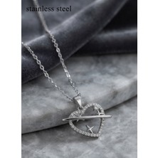 Stainless Steel 316L Çelik Zincir Gümüş Renk Zirkon Taşlı Kalp Model Yıldız Detay Kolye