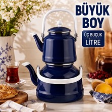Alev Emaye Büyük Boy Emaye Çaydanlık Seti – Üst 1,5 Litre, Alt 3,5 Litre, Kapaklı ve Alt Kapaklı