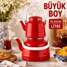 Alev Emaye Büyük Boy Emaye Çaydanlık Seti – Üst 1,5 Litre, Alt 3,5 Litre, Kapaklı ve Alt Kapaklı