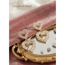 Stainless Steel Pirinç Gold Renk Zirkon Taşlı Sallantı Kalp Model Küpe