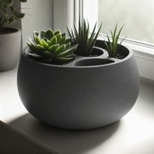 Bezos 3D Baskı 3lü Sukulent Saksısı ve Kalemlik Organizer - Dekoratif Masaüstü Bitki Saksısı-Gri