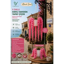 Veniv 135 cm Yapay Akasya Sarmaşığı (Wisteria) – 5 Dallı Pembe Sarkıt Çiçek, Beyaz Askılı Saksı