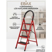 Ebax Lüx 4 Basamaklı Katlanır Ev ve Ofis Merdiveni - Sağlam Metal Gövde, Geniş Kaymaz Mat Basamaklı Taşınabilir Portatif Merdiven (Kırmızı-Siyah)