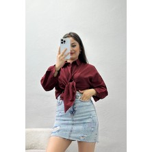 Belendir Kadın Terikoton Oversize Gömlek Bordo