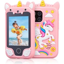 Meks Çocuklar Için Eğitici Telefon Dokunmatik Ekran Çift Kameralı Fenerli Müzik Çalar Oyun Video Pembe