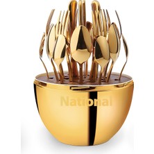 National NL-493 24 Parça Çatal Kaşık Bıçak Seti Standlı Gold