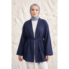 Modestim Önü Bağlamalı Kimono Tesettür Tunik Lacivert Oversize Yeni Sezon Rahat Kalıp Önü Baglamalı Tesettür Tunik