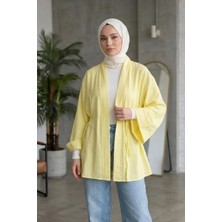 Modestim Önü Bağlamalı Kimono Tesettür Tunik Sarı Oversize Yeni Sezon Rahat Kalıp Önü Baglamalı Tesettür Tunik