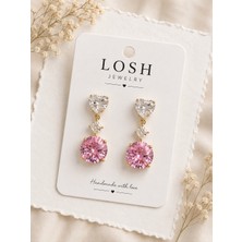 Moda Premium Seri Kalp Figürlü Pembe Kristal Taşlı Kadın Küpe