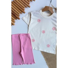 C&O Design Kız Çocuk Çiçek Işlemeli Tişört ve Tayt Takım Pembe