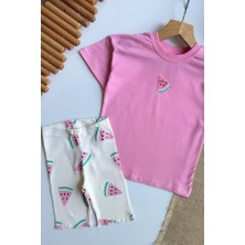 C&O Design Kız Çocuk Karpuz Işlemeli Tişört ve Kısa Tayt Takım Pembe