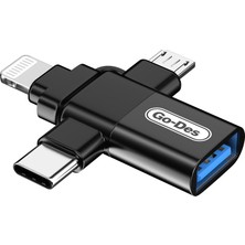 Go-Des Go Des GD-CT196 4in1 Type-C+Lightning+Micro+Usb3.0 Otg Dönüştürücü Adaptör Siyah