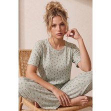 Siyah İnci Mint Yeşili Desenli Pamuklu Fitilli Kaşkorse Örme Pijama Takım 26120401